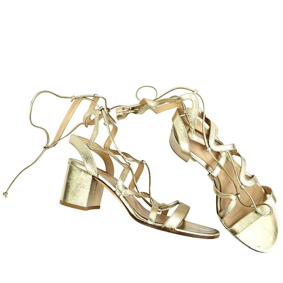 Gianvito Rossi Shoes - Gianvito Rossi Gold Leather Strappy Gladiator Sandals Lace-Up Block Heel Size 40